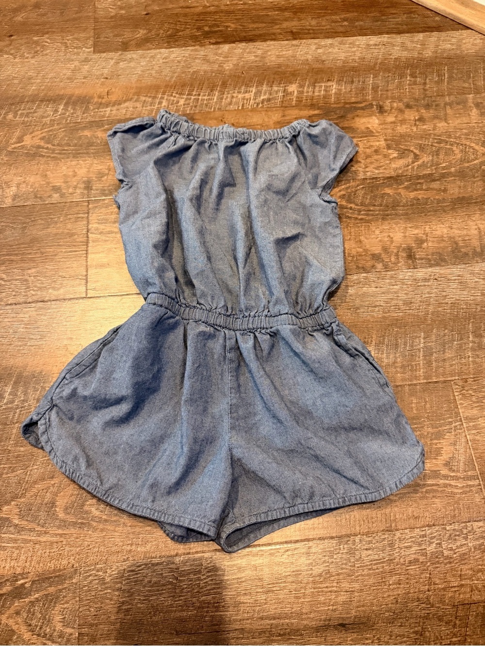 Tea Collection Girls Size 6 Chambray Romper Blue Off Shoulder Short Sleeve